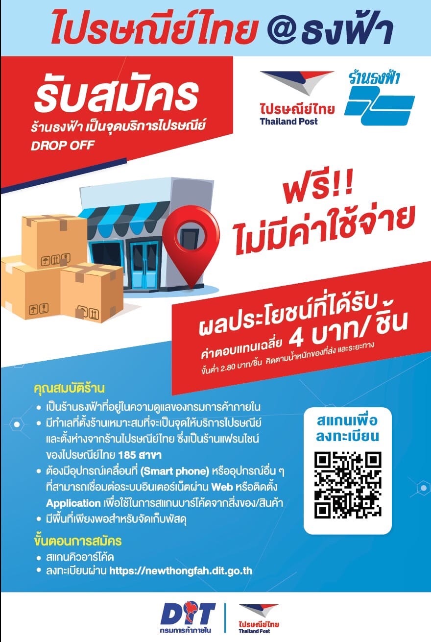 รับสมัครร้านธงฟ้า จังหวัดแม่ฮ่องสอน เข้าร่วมโครงการเป็นจุดบริการไปรษณีย์ DROP OFF สมัครง่าย ๆ ไม่ซับซ้อน