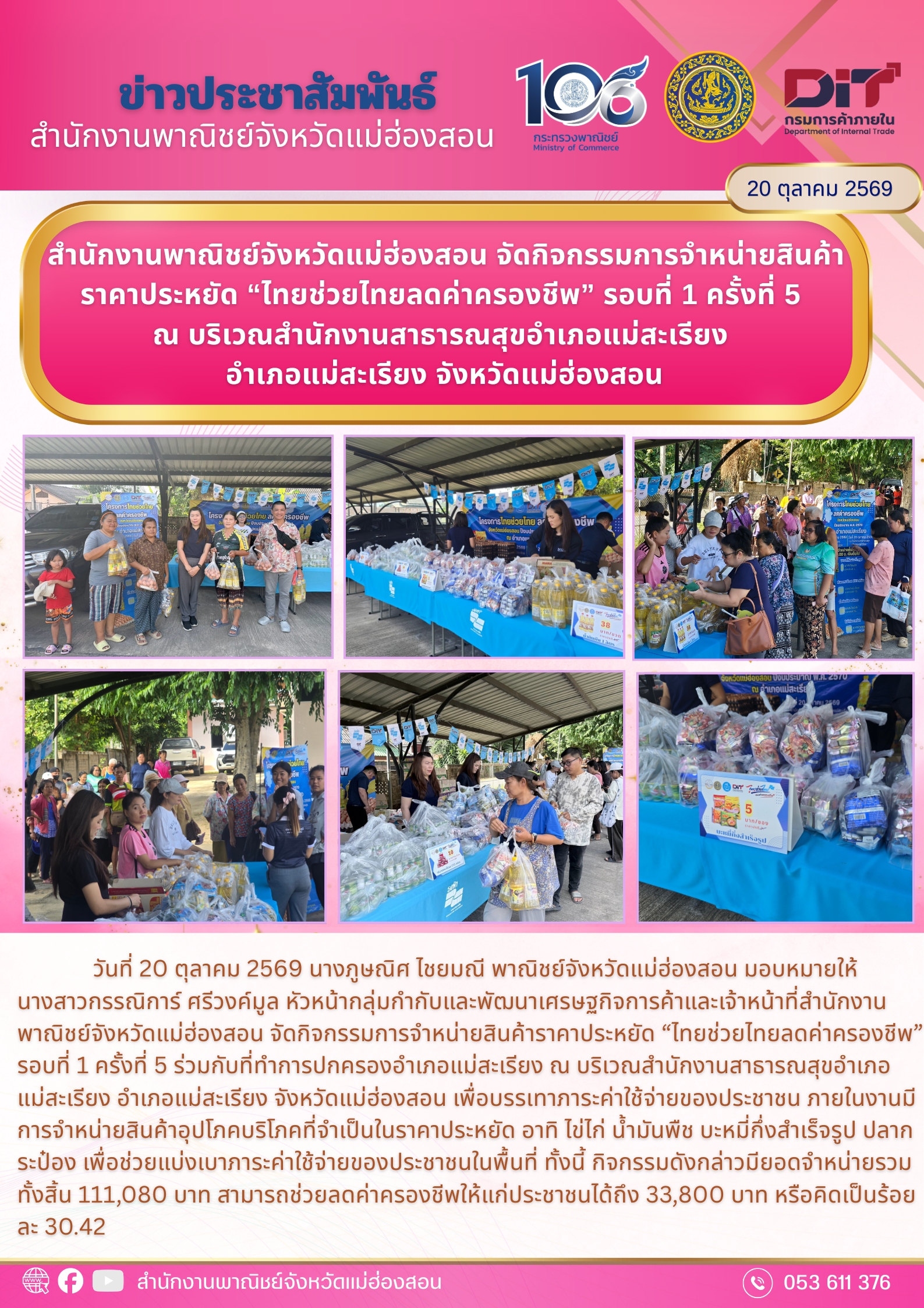 สำนักงานพาณิชย์จังหวัดแม่ฮ่องสอน จัดกิจกรรมการจำหน่ายสินค้าราคาประหยัด “ไทยช่วยไทยลดค่าครองชีพ” รอบที่ 1 ครั้งที่ 5 ณ บริเวณสำนักงานสาธารณสุขอำเภอแม่สะเรียง อำเภอแม่สะเรียง จังหวัดแม่ฮ่องสอน